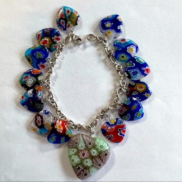 Vintage Jewelry - Sterling 925 Silver Millefiori Italian Murano Glass Heart Charm Bracelet